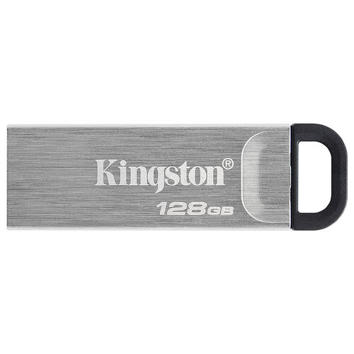 Clé USB Kingston de 128 Go avec un boîtier en métal brossé et un anneau de fixation noir.