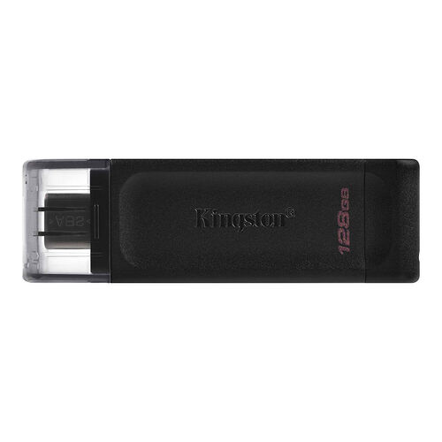 Clé USB Kingston de 128 Go de couleur noire avec capuchon transparent.
