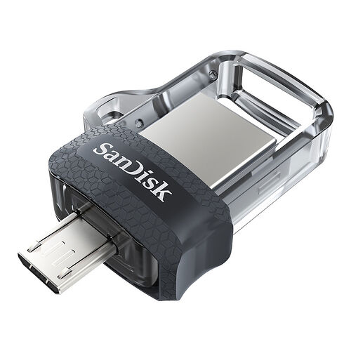 Clé USB SanDisk avec un boîtier noir texturé et une partie transparente.