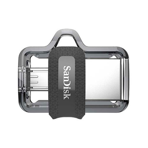 Clé USB SanDisk avec un boîtier transparent et une partie centrale noire texturée arborant le logo de la marque.
