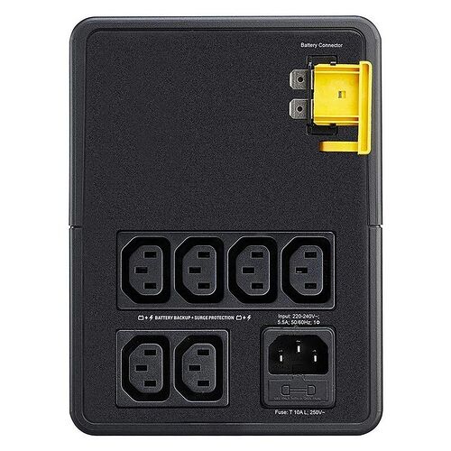 Onduleur noir avec quatre prises électriques standard, un connecteur de batterie jaune sur le dessus et une entrée d'alimentation.