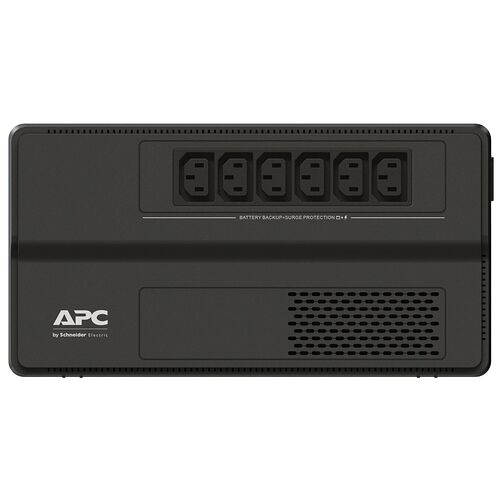 Onduleur APC noir avec six prises de courant protégées contre les surtensions et assurant une alimentation de secours.