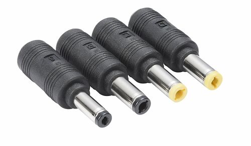 Quatre connecteurs d'alimentation de type DC, avec des embouts métalliques noirs ou jaunes, présentés sur un fond blanc.