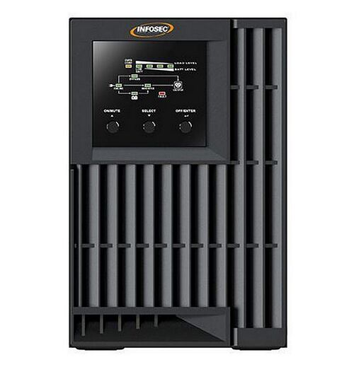 Onduleur de marque Infosec avec un écran de contrôle affichant les niveaux de charge et de batterie, accompagné de trois boutons de commande.