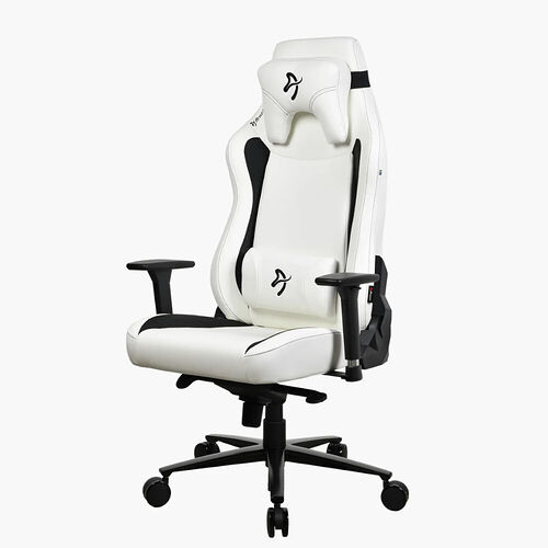 Chaise de bureau gaming blanche et noire avec repose-tête et coussin lombaire assortis.
