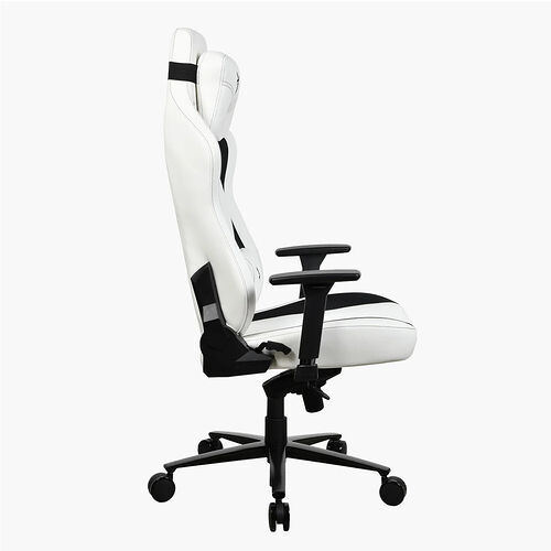 Chaise de bureau gaming blanche et noire avec accoudoirs et dossier ergonomique.