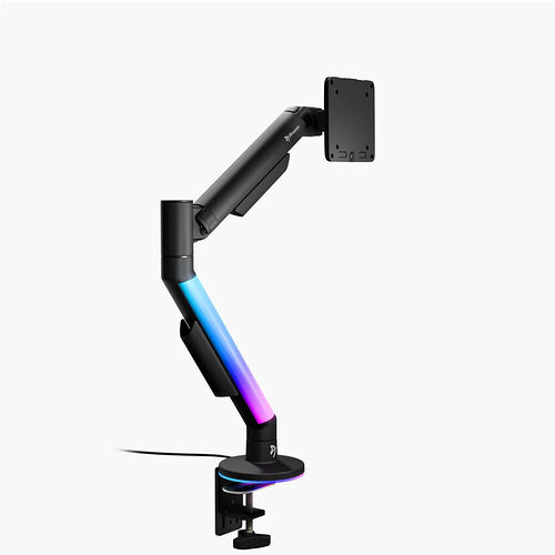 Bras articulé pour écran avec éclairage RGB intégré, de couleur noire, fixé par une pince de bureau.