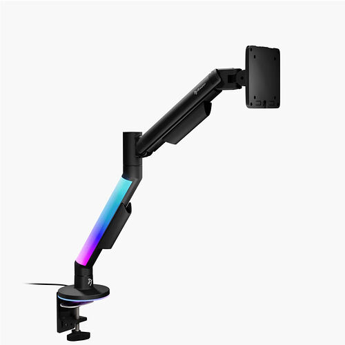 Support d'écran articulé avec bras extensible et éclairage RGB, monté sur une base de fixation.