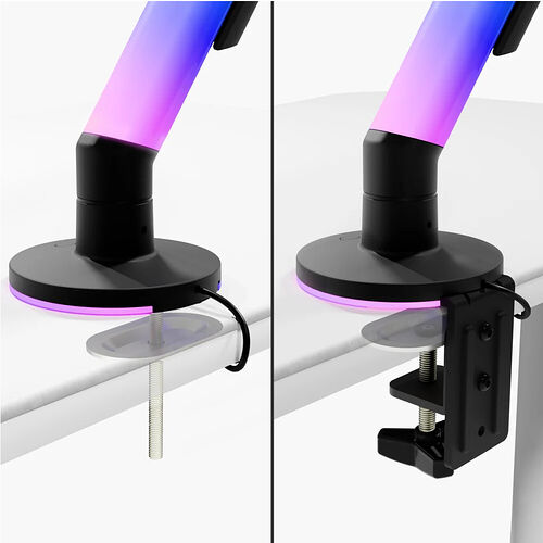 Deux images montrant les deux modes de fixation d'un support d'écran : une option avec une plaque de renfort plate et une option avec un système de serrage par pince.