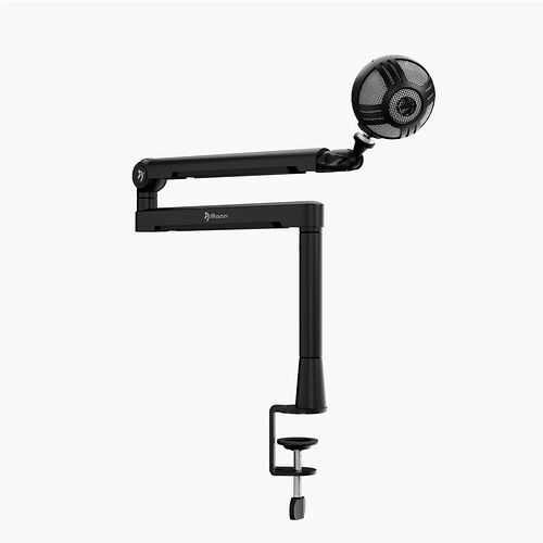 Bras articulé noir avec micro de studio équipé d'un filtre anti-pop, de la marque Froozzi.