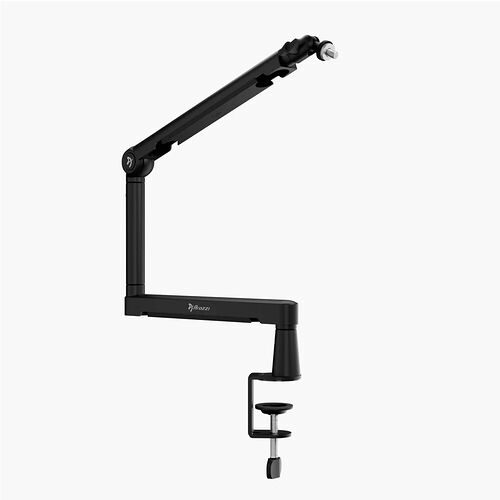 Bras articulé de bureau noir de la marque Frozzi, conçu pour maintenir un micro ou un accessoire similaire grâce à sa pince de fixation réglable.
