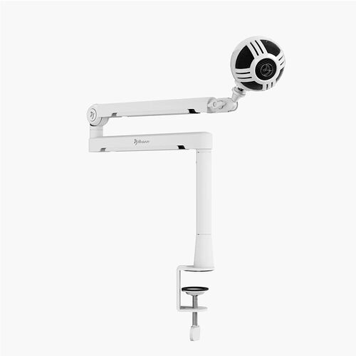 Bras articulé blanc de la marque Frozzi avec un microphone monté au bout, fixé par une pince de bureau.