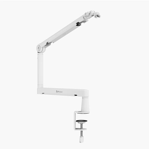 Bras articulé de bureau blanc de la marque Frozzi, conçu pour maintenir un micro ou un accessoire similaire grâce à son système de fixation par pince.