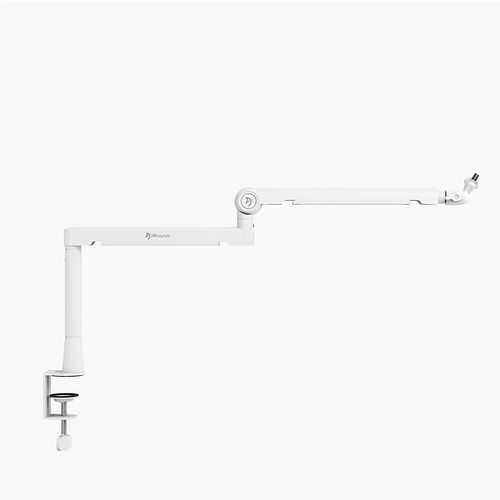Bras articulé blanc de la marque Brazzi pour support de micro, avec une pince de fixation.