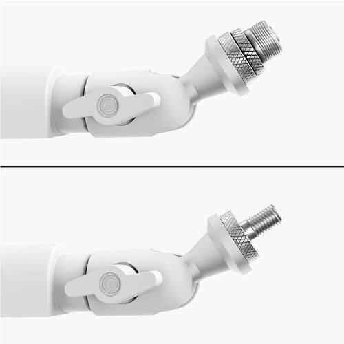 Deux vues détaillées d'un connecteur blanc articulé avec un filetage métallique, montrant le mécanisme de fixation et l'articulation.