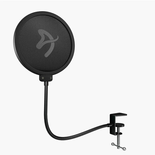 Filtre anti-pop circulaire noir avec le logo HyperX, monté sur une tige flexible avec une pince de fixation.