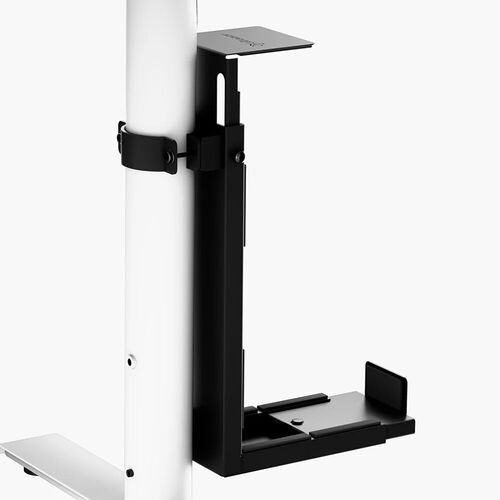 Support de PC fixé sur un pied de bureau blanc, de couleur noire, conçu pour maintenir une unité centrale à portée de main.