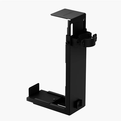 Support de casque noir en métal avec une pince de fixation ajustable.
