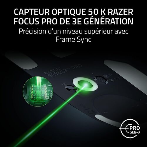 Présentation du capteur optique Razer Focus Pro de 3e génération intégré à une souris Razer Basilisk Pro, illustrant la précision du suivi avec un faisceau lumineux vert.