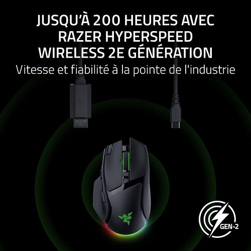 Souris sans fil Razer avec éclairage vert, accompagnée de son câble de charge USB. L'image met en avant la technologie Razer Hyperspeed Wireless de deuxième génération.