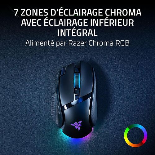 Souris Razer avec éclairage Chroma RGB multicolore sur un fond sombre.