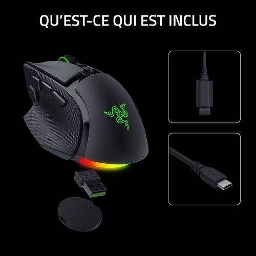 Une souris Razer noire avec éclairage RGB, accompagnée de son récepteur USB, d'un câble de charge et d'un capuchon de protection.