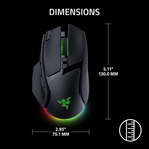 Une souris Razer noire avec un éclairage LED vert, affichant ses dimensions : 130 mm de longueur et 75,1 mm de largeur.