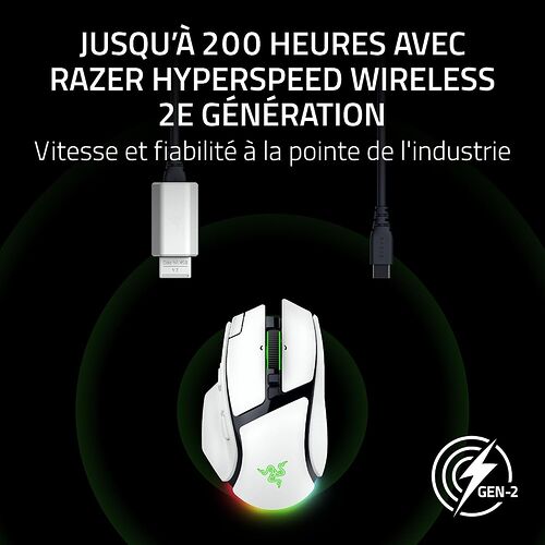 Souris sans fil Razer blanche avec éclairage LED vert, accompagnée de son récepteur USB et de son câble de charge. L'image met en avant l'autonomie de 200 heures grâce à la technologie Razer Hyperspeed Wireless 2e génération.