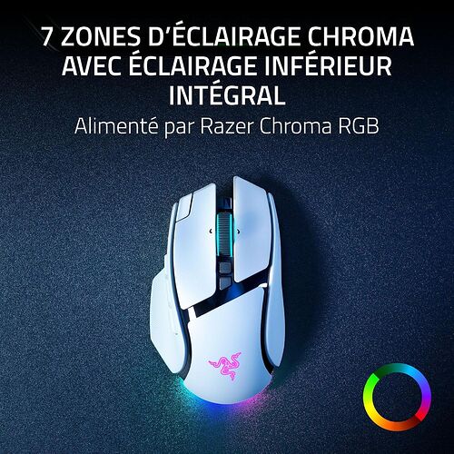 Souris Razer avec éclairage Chroma RGB multicolore sur un fond sombre. La souris est blanche avec des accents noirs et présente un logo Razer lumineux.