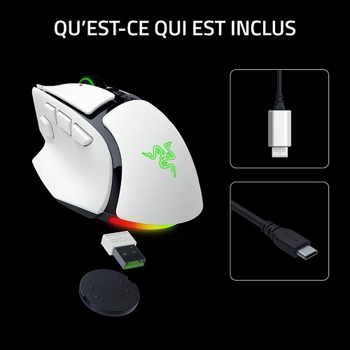 Une souris Razer blanche avec éclairage RGB vert, accompagnée de son câble USB et de son récepteur sans fil USB.