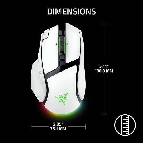 Une souris Razer blanche et noire avec éclairage RGB, affichant ses dimensions de 130 mm de longueur et 75,1 mm de largeur.