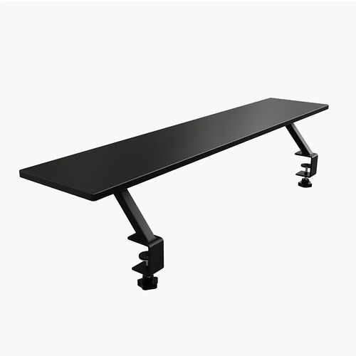 Étagère de bureau noire avec deux supports de fixation par pince, idéale pour surélever un écran ou du matériel sur un bureau.