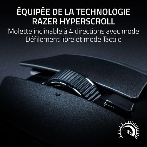 Gros plan sur la molette d'une souris Razer équipée de la technologie HyperScroll, présentant un design texturé avec des modes de défilement libre et tactile.