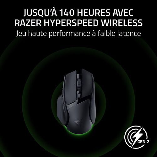 Souris sans fil Razer avec éclairage vert, mettant en avant une autonomie allant jusqu'à 140 heures grâce à la technologie Hyperspeed Wireless.