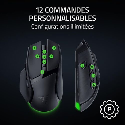 Souris Razer noire avec 12 boutons personnalisables numérotés en vert, illustrant les différentes commandes disponibles sur le dessus et le côté de la souris.