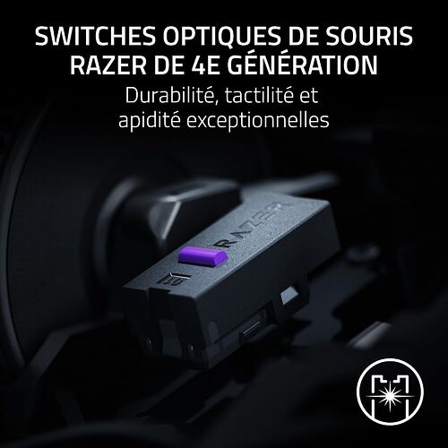 Présentation des switches optiques de souris Razer de 4e génération, mettant en avant leur conception durable et réactive.