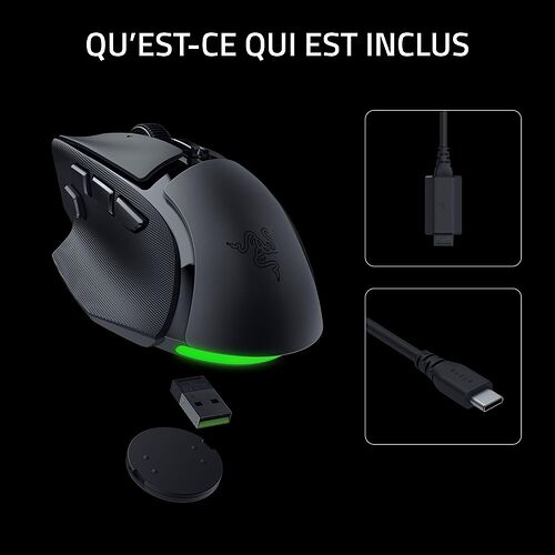 Une souris Razer noire avec éclairage vert, accompagnée d'un câble USB-C, d'un récepteur sans fil et d'un capuchon de protection.