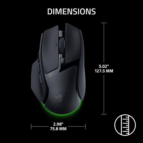 Une souris Razer noire avec un éclairage LED vert à la base, affichant ses dimensions de 127,5 mm de longueur et 75,8 mm de largeur.