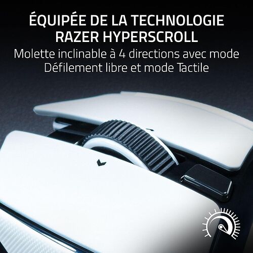 Souris Razer équipée de la technologie Razer Hyperscroll, présentant une molette inclinable à 4 directions avec modes de défilement libre et tactile.