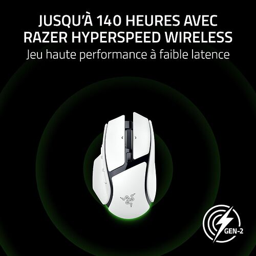 Souris sans fil Razer blanche avec éclairage vert, mettant en avant une autonomie allant jusqu'à 140 heures grâce à la technologie Hyperspeed Wireless.