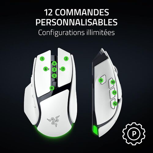 Souris Razer blanche avec 12 boutons personnalisables numérotés de 1 à 12, illustrant les différentes commandes disponibles sur le dessus et les côtés.