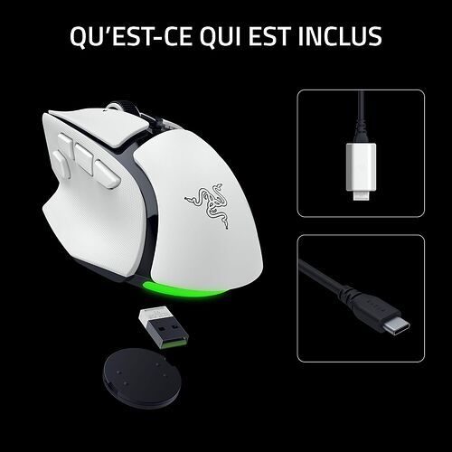 Une souris Razer blanche avec éclairage vert, accompagnée de son câble USB-C et de son récepteur sans fil.