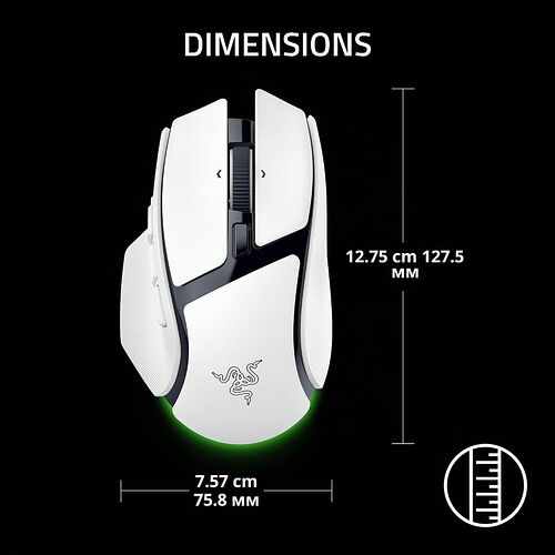 Une souris Razer blanche avec des accents noirs et un éclairage LED vert, affichant ses dimensions de 12,75 cm de longueur et 7,57 cm de largeur.