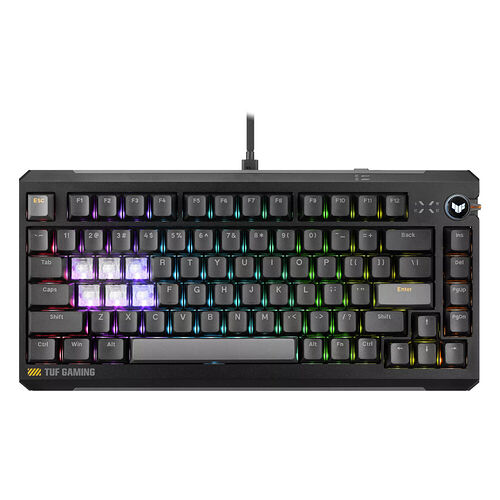 Clavier mécanique gamer ASUS TUF Gaming avec rétroéclairage RGB et touches noires.