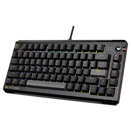 Clavier gaming ASUS TUF Gaming avec rétroéclairage RGB multicolore et touches noires.
