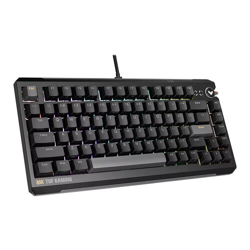 Clavier mécanique gaming ASUS TUF Gaming de couleur noire avec rétroéclairage.
