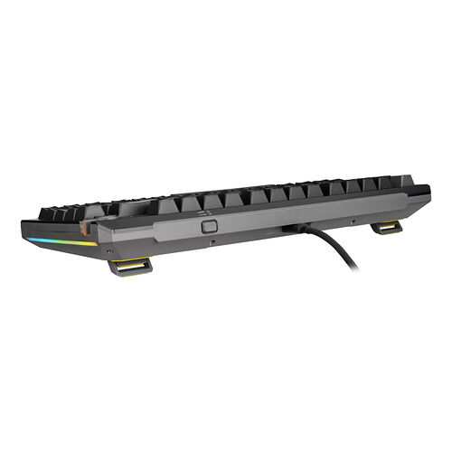 Clavier mécanique gamer avec rétroéclairage RGB, présenté de profil avec son câble de connexion noir.