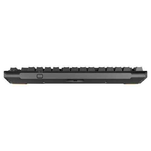 Vue de profil d'un clavier mécanique noir avec des touches profilées et un interrupteur de connexion sur le côté.