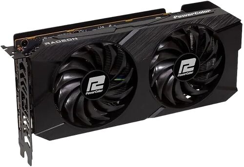 Carte graphique Radeon PowerColor avec deux ventilateurs noirs et un design texturé.