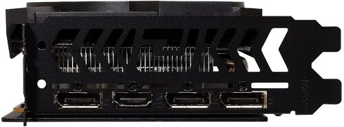 Vue arrière d'une carte graphique avec quatre ports de sortie HDMI et DisplayPort sur un support de refroidissement noir.